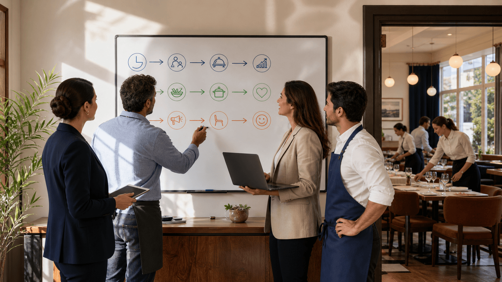 Blue decision tree diagram branching toward icons of a consultant, operator, and general manager on a white background.
