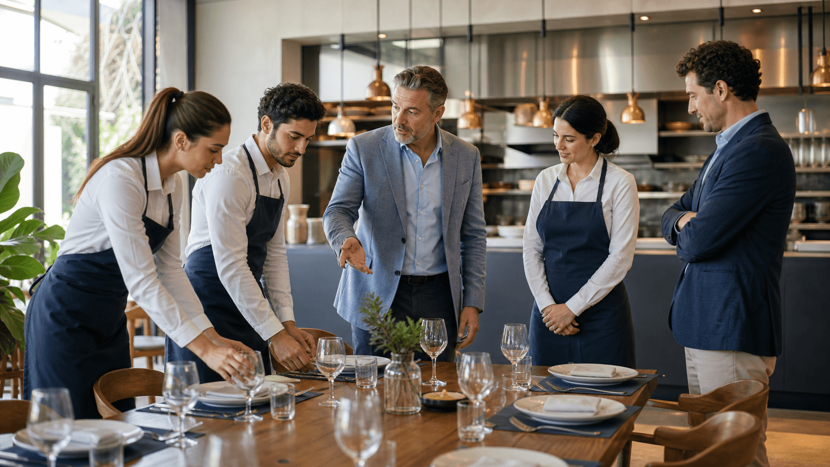 Restaurant team in aprons gathers around a tablet during a bright kitchen training session.
