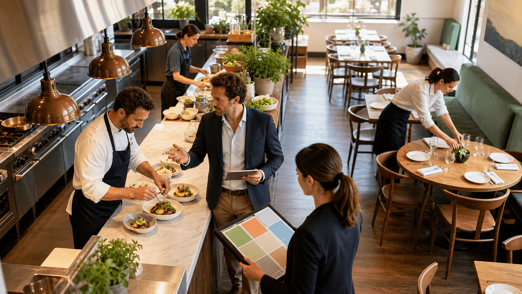 Restaurant manager reviews digital workflow charts beside a bright stainless-steel kitchen line.