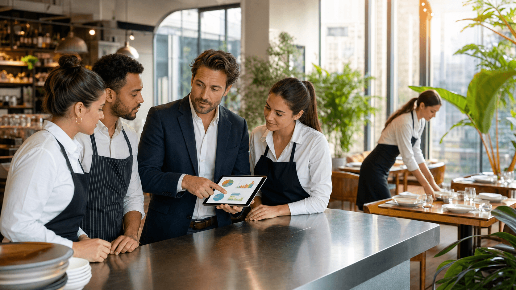 Smiling chef in apron points at a laptop with rising profit graph, warm restaurant lighting, bold text overlay.