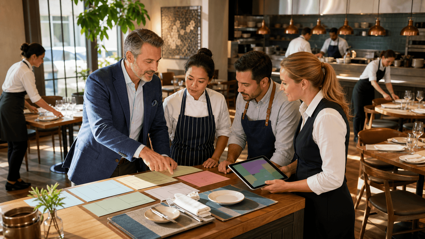 Open restaurant playbook beside a clipboard and coffee on a warmly lit wooden table