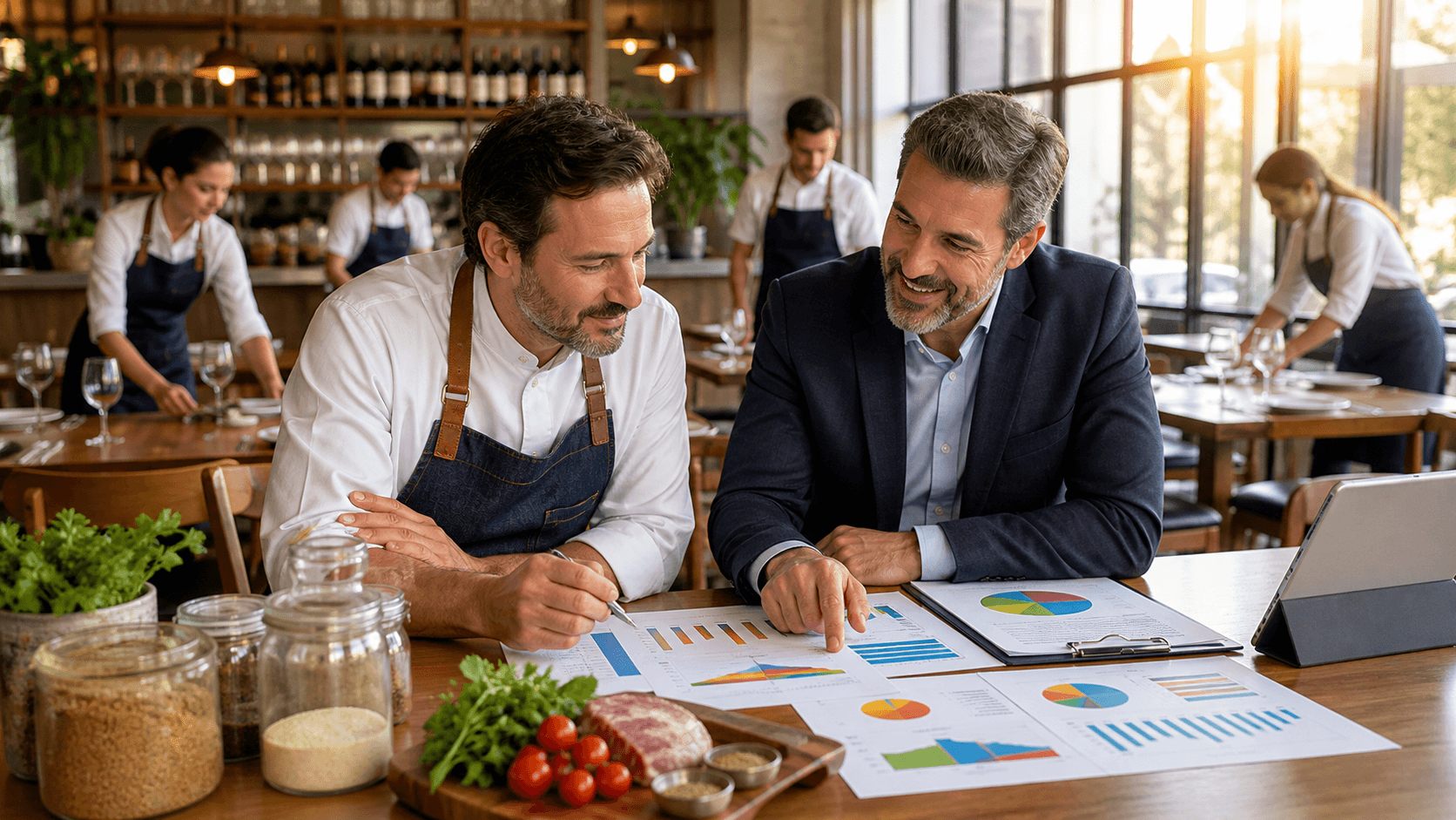 Restaurant owner reviews financial charts beside a laptop and calculator on a warmly lit wooden table.