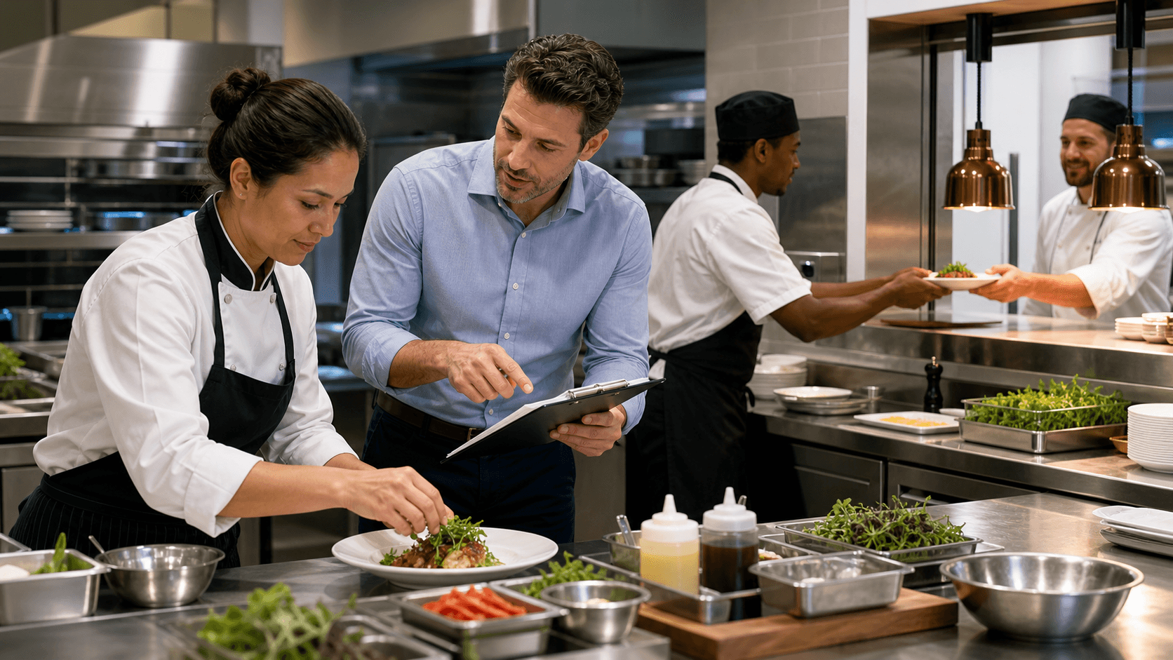 Busy stainless-steel restaurant kitchen line with cooks in aprons under warm lights, steam rising from sizzling pans.
